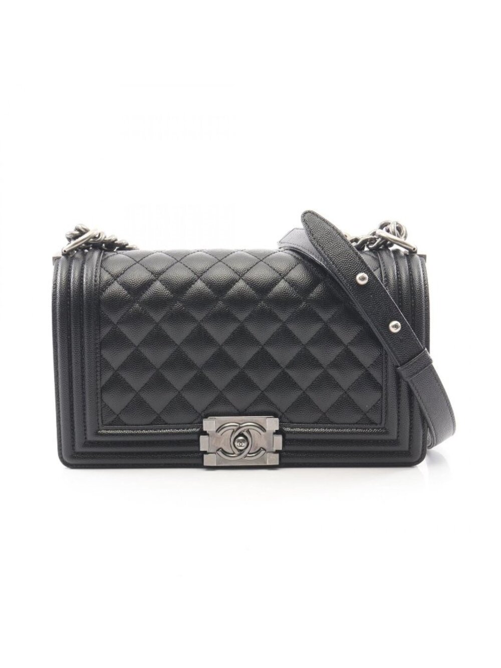 Chanel Shoulder Bag Boy Black Caviar Leather Boy Chain